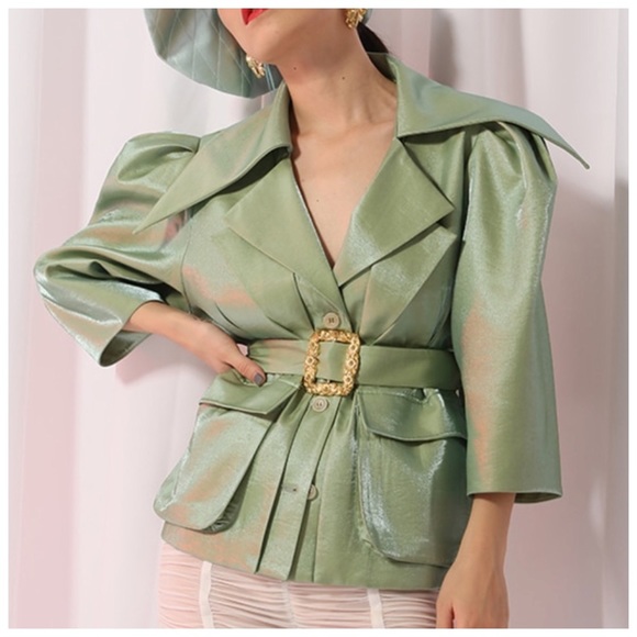 Cream Metallic Sheen Belted Jacket - Picture 6 of 15